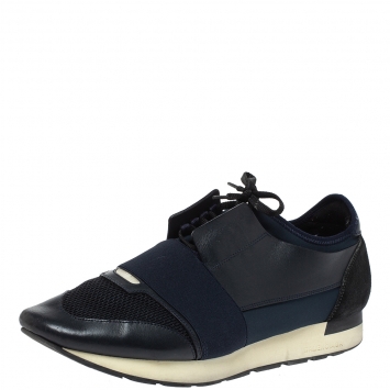 Pre Owned Balenciaga Blue Leather And Mesh Race Runner Low Top Sneakers Size 45