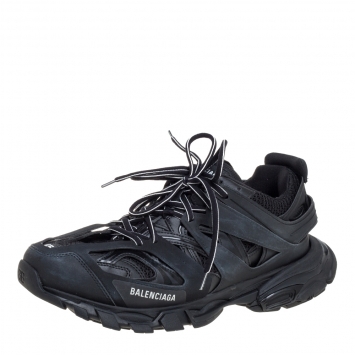 Pre Owned Balenciaga Black Leather And Mesh Track Lace Up Sneakers Size 45