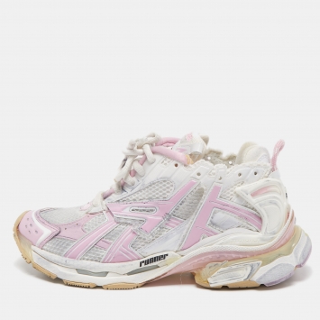 Pre Owned Balenciaga White/Pink Fabric and Leather Runner Sneakers Size 40  