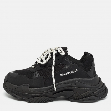 Pre Owned Balenciaga Black Mesh and Faux Leather Triple S Sneakers Size 41