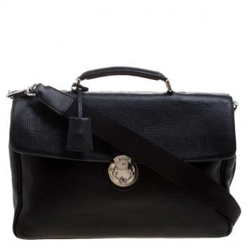 Pre Owned Bally Black Textured Leather Briefcase Laptop Bag