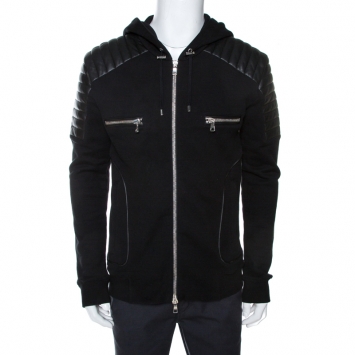 مملوكة مسبقًا Balmain Black Knit Leather Trim Zip Front Hooded Jacket XL