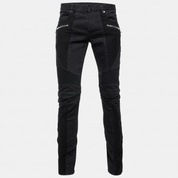 Pre Owned Balmain Black Denim Ribbed Knee Skinny Biker Jeans L/Waist 34" 