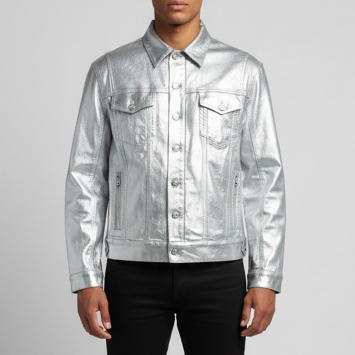 Pre Owned Balmain Silver Wide Metallic Denim Button Up Jacket XL