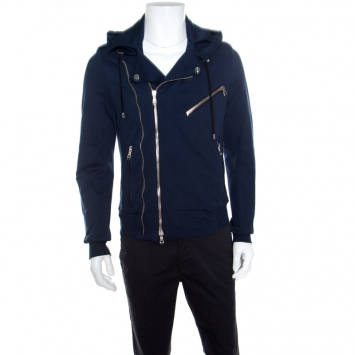 Pre Owned Balmain Navy Blue Jersey Zip Detail Hooded Bomber Jacket M