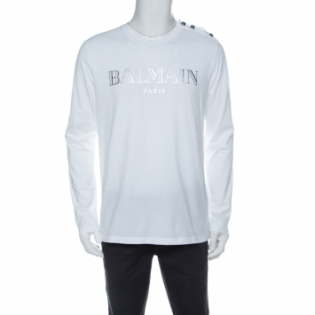 Pre Owned Balmain White Cotton Logo Print Shoulder Button Detail Full Sleeve T-Shirt L