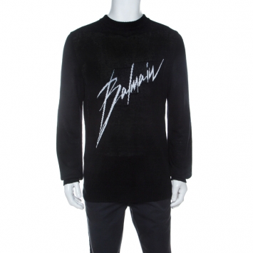Pre Owned Balmain Black Linen Knit Logo Signature Printed Sweater L