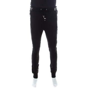 Pre Owned Balmain Black Cotton and Velvet Side Paneled Biker Jogger Pants L
