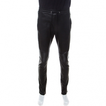 Pre Owned Balmain Black Leather Biker Track Pants XL 