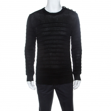 Pre Owned Balmain Black Linen Knit Shoulder Button Detail Sweater L 