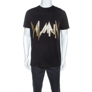 Pre Owned Balmain Black Cotton Gold Logo Relief T-shirt L