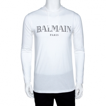 Pre Owned Balmain White Logo Print Cotton Long Sleeve Hooded T-Shirt S