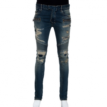 Pre Owned Balmain Blue Washed Out & Distressed Denim Biker Jeans S
