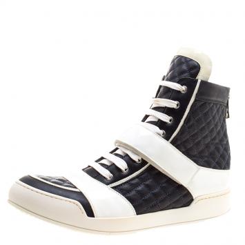 Pre Owned Balmain Monochrome Quilted Leather High Top Sneakers Size 45