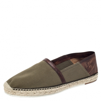 Pre Owned Berluti Olive Green Canvas and Brown Leather Trimmed Espadrilles Loafers Size 44