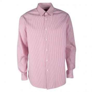 Pre Owned Boss by Hugo Boss Red and White Striped Cotton Regular Fit Shirt 3XL