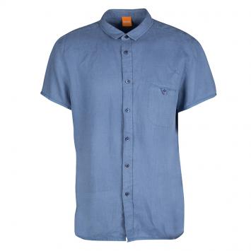 Pre Owned Boss Orange By Hugo Boss Blue Linen Short Sleeve Button Front Shirt XL