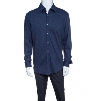 Pre Owned Boss By Hugo Boss Blue Melange Jersey Long Sleeve Button Front Shirt XXL