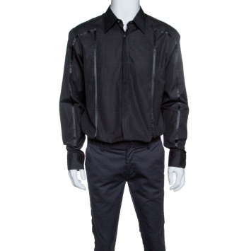 Pre Owned Boss by Hugo Boss Black Cotton Ribbon Panel Detail Button Front Shirt XL
