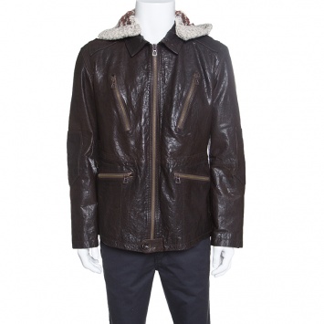 Pre Owned Boss Orange By Hugo Boss Brown Leather Hooded Zip Front Thermore Jacket L