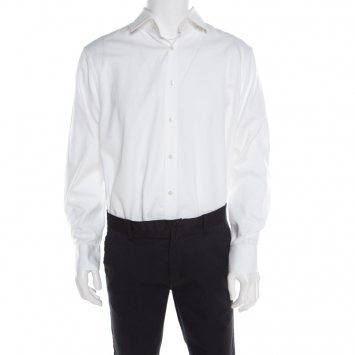 Pre Owned Boss By Hugo Boss White Self Striped Cotton Button Front Gerald Shirt 3XL