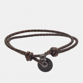 Pre Owned Bottega Veneta Braided Leather Gunmetal Tone Adjustable Bracelet