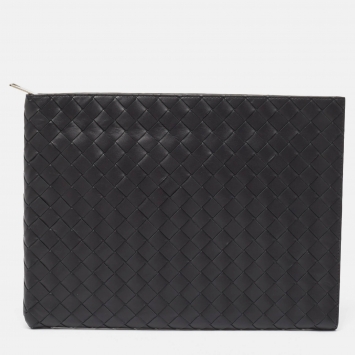 Pre Owned Bottega Veneta Black Intrecciato Leather Half Zip Pouch