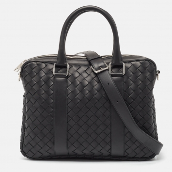 Pre Owned Bottega Veneta Black Intrecciato Leather Small Slim Briefcase