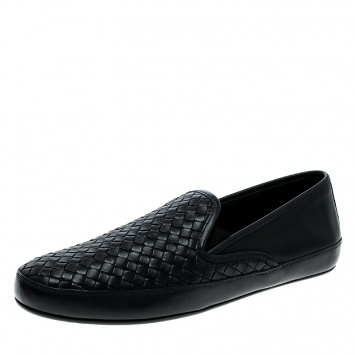 Pre Owned Bottega Veneta Navy Intrecciato Leather Loafers Size 45