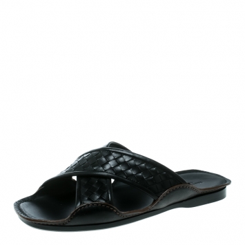 Pre Owned Bottega Veneta Black Intrecciato Leather Cross Strap Flat Slides Size 40
