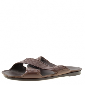 Pre Owned Bottega Veneta Brown Intrecciato Leather Cross Strap Sandals Size 42