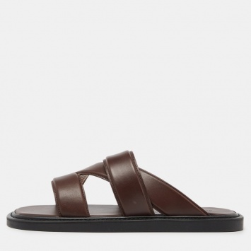 Pre Owned Bottega Veneta Dark Brown Leather Flat Slides Size 41