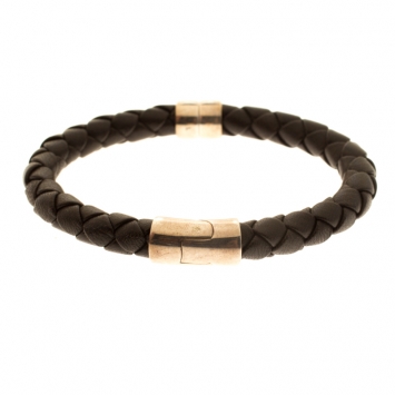 Pre Owned Bottega Veneta Brown Woven Leather Silver Narrow Bracelet 