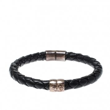 Pre Owned Bottega Veneta Black Woven Leather Silver Narrow Cuff Bracelet
