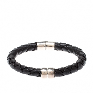 Pre Owned Bottega Veneta Black Woven Leather Silver Narrow Bracelet