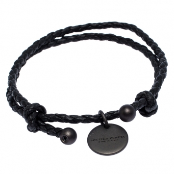 Pre Owned Bottega Veneta Black Intrecciato Leather Double Band Bracelet