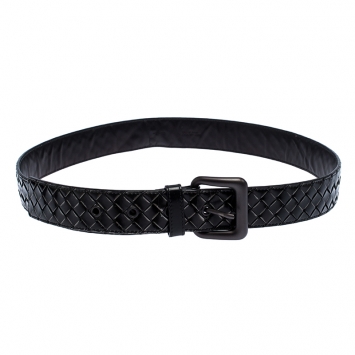 Pre Owned Bottega Veneta Black Intrecciato Leather Buckle Belt 95CM