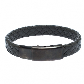 Pre Owned Bottega Veneta Grey Intrecciato Woven Leather Sterling Silver Bracelet