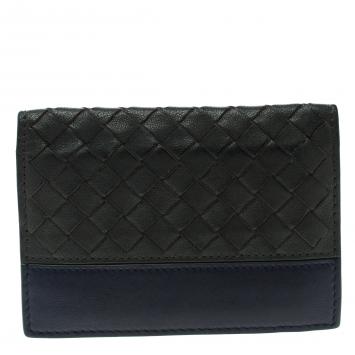 Pre Owned Bottega Veneta Dark Grey/Blue Intrecciato Leather Card Holder