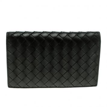Pre Owned Bottega Veneta Black Intrecciato Leather Tri Wallet