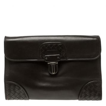 Pre Owned Bottega Veneta Dark Brown Leather Clutch