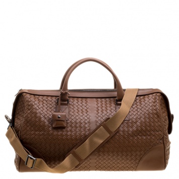 Pre Owned Bottega Veneta Brown Intrecciato Leather Medium Duffel Bag