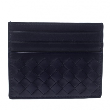 Pre Owned Bottega Veneta Blue Intrecciato Leather Card Holder