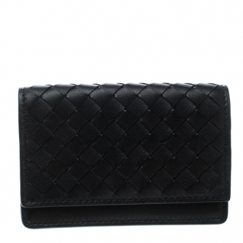 Pre Owned Bottega Veneta Black Intrecciato Leather Card Case