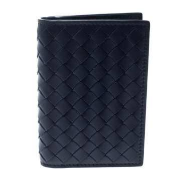 Pre Owned Bottega Veneta Dark Blue Intrecciato Leather Card Holder