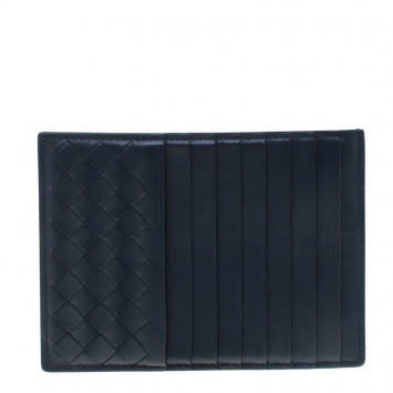 Pre Owned Bottega Veneta Navy Blue Intrecciato Leather Prusse Card Holder