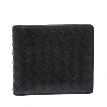 Pre Owned Bottega Veneta Dark Green Intrecciato Leather Bifold Wallet