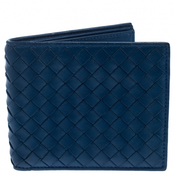 Pre Owned Bottega Veneta Blue Intrecciato Leather Bifold Wallet