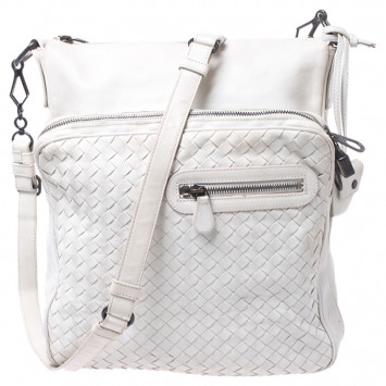 Pre Owned Bottega Veneta White Intrecciato Leather Messenger Bag
