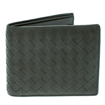 Pre Owned Bottega Veneta Dark Olive Green Intrecciato Leather Bifold Wallet
